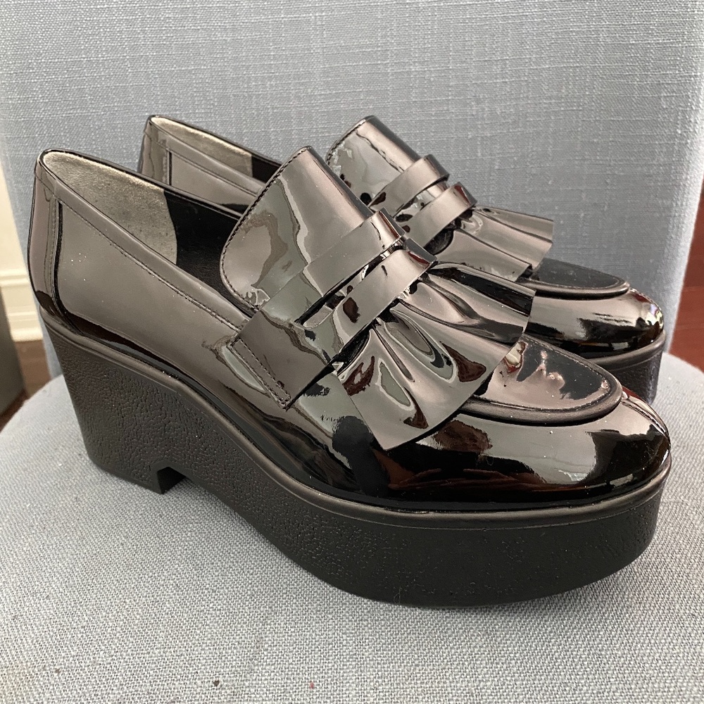 Robert Clergerie Black Patent Penny Loafer Wedges Waling Work Everyday Shoes